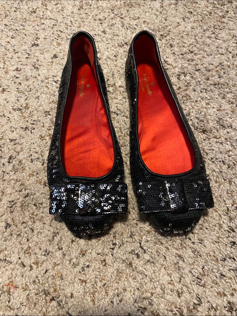 kate spade Black Sequin Bow Ballet Flats with Red Liner